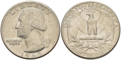 США 25 центов (квотер) 1965 Вашингтон KM 164a медь плакированная медно-никелем 4544-455