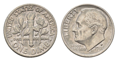 США 10 центов (дайм) 1981 P, Рузвельт KM 195a медь плакированная медно-никелем 4674-548