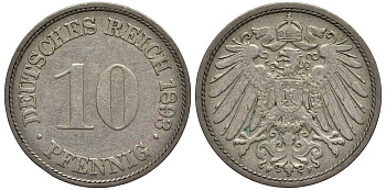 ГЕРМАНИЯ 10 ПФЕННИГОВ 1893 F KM 12, Jager 13, Weege 8 медно-никель 4382-1126