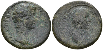 Римская Империя, Провинция Азия, Лидия, Фиатира AE 50 - 54 Клавдий, бюст императора / бюст Агриппины Младшей, жены Клавдия и матери Нерона RPC 2380 бронза 1100-7-51