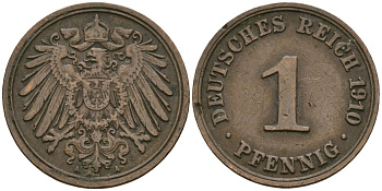 Германия 1 пфенниг 1910 A, Вильгельм II (1888-1918) KM 10, J. 10 медь 4608-114