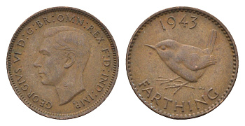 Великобритания 1 фартинг 1943 Георг VI (1936-1952) KM 843, Spink 4116 бронза 4664-345