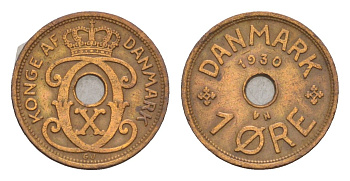 Дания 1 эре 1930 N, Кристиан X (1912-1947) KM 826 бронза 4658-147