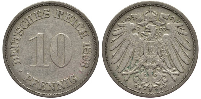 ГЕРМАНИЯ 10 ПФЕННИГОВ 1893 F KM 12, Jager 13, Weege 8 медно-никель 4382-1126