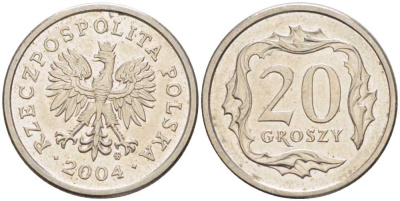 Польша 20 грошей 2004 MW KM 280, Parchimowicz 705l медно-никель 201-518