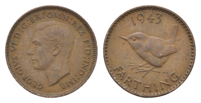 Великобритания 1 фартинг 1943 Георг VI (1936-1952) KM 843, Spink 4116 бронза 4664-345