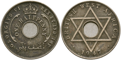 Британская Западная Африка 1/2 пенни 1947 H, Георг VI KM 18 медно-никель 25-1043