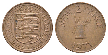 Гернси 2 новых пенса 1971 Елизавета II (1952-2022), ветряная мельница KM 22 бронза 4703-1143
