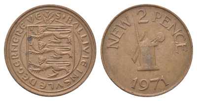 Гернси 2 новых пенса 1971 Елизавета II (1952-2022), ветряная мельница KM 22 бронза 4703-1143