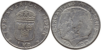 Швеция 1 крона 1990 Карл XVI Густав (1973- ) KM 852a медно-никель 4398-1253