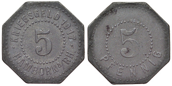 Германия, Хамборн 5 пфеннигов 1917 Дуйсбург, Северный Рейн-Вестфалия, нотгельд Funck 190.2 цинк 4119-1053