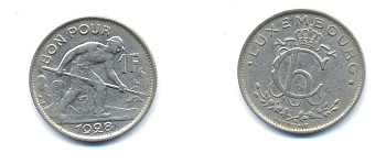 ЛЮКСЕМБУРГ 1 ФРАНК 1928 KM 35 никель 4379-246