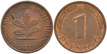ФРГ 1 пфенниг 1972 J KM 105, J. 380 сталь плакированная медью    4598-525
