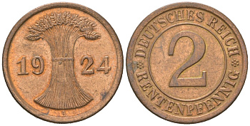 Германия 2 рентенпфеннига 1924 A KM 31, J. 307 бронза 3955-1148