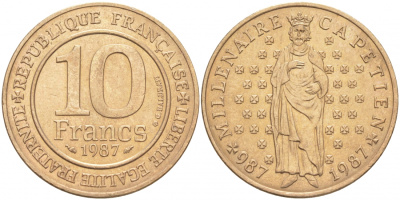 Франция 10 франков 1987 1000 лет первому королю Франции Гуго Капету KM 961 d, Le Franc 371.2 никелированная бронза 3855-733
