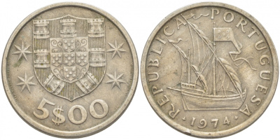 ПОРТУГАЛИЯ 5 ЭСКУДО 1974 ПАРУСНИК KM 591 медно-никель 3718-456