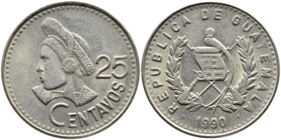 Гватемала 25 сентаво 1990 большая голова, Республика Гватемала KM 278.5 медно-никель 4389-422