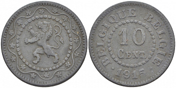 БЕЛЬГИЯ 10 САНТИМОВ 1915 НЕМЕЦКАЯ ОККУПАЦИЯ, ПЕРВЫЙ ГОД KM 81 цинк 4529-136