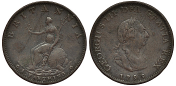 Великобритания 1 фартинг 1799 Георг III (1760-1820) KM 646, Spink 3779 медь 1523-1043