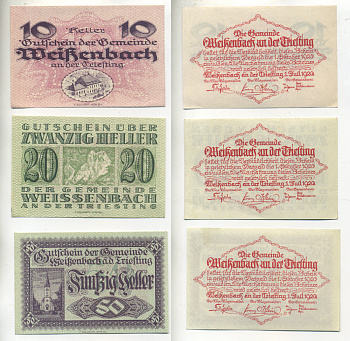 АВСТРИЯ НАБОР ИЗ 3 БАНКНОТ 1920 29 МАЯ 1920-31 ДЕКАБРЯ 1920, НОТГЕЛЬД, 10, 20, 50 ГЕЛЛЕРОВ, UNTERGAISBACH бумага aUNC 6283-2-1