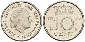 Нидерланды 10 центов 1977 Юлиана (1948-1980) КМ 182 никель    4602-537