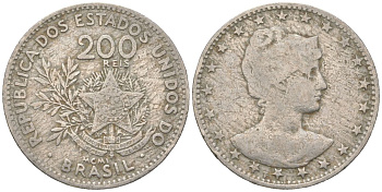 Бразилия 200 реалов 1901 MCMI, голова свободы вправо KM 504 медно-никель 4612-346