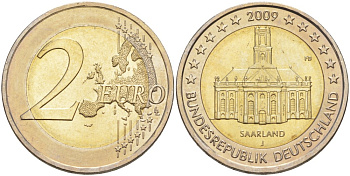 ФРГ 2 евро 2009 J, серия Федеральные земли, Саарланд, церковь Святого Людвига в Саарбрюккене KM 276 биметалл UNC 4111-822