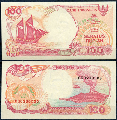 Индонезия 100 рупий 1992/1999 парусник пиниси, вулкан Кракатау Pick 127 g  бумага  UNC (пресс) 448-149-3