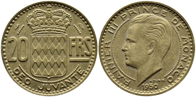 Монако 20 франков 1950 Ренье III (1949-2005) KM 131 алюминиевая бронза 4393-1242