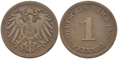 ГЕРМАНИЯ 1 ПФЕННИГ 1890 A KM 10, J. 10, Weege 2 медь 211-135