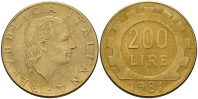 Италия 200 лир 1981 R, шестерня KM 105 алюминиевая бронза 4116-427