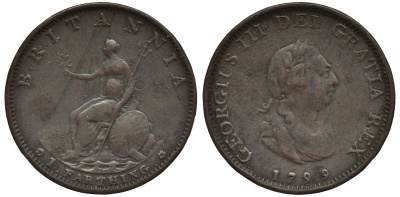 Великобритания 1 фартинг 1799 Георг III (1760-1820) KM 646, Spink 3779 медь 1523-1043