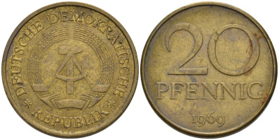 ГДР 20 пфеннигов 1969 А, первый год KM 11 латунь 4571-634