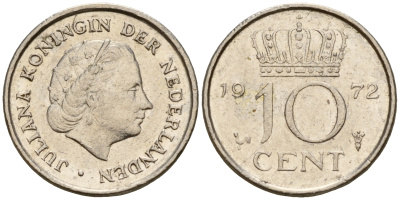Нидерланды 10 центов 1972 Юлиана (1948-1980) KM 182 никель 4598-314