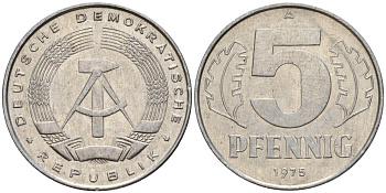 ГДР 5 пфеннигов 1975 A KM 9.1 алюминий 218-1128
