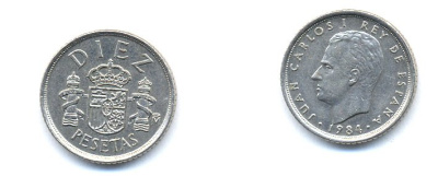 ИСПАНИЯ 10 ПЕСЕТ 1984 KM 827 медно-никель 54-1931