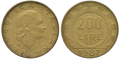 Италия 200 лир 1987 R, шестерня KM 105 алюминиевая бронза 4128-1256