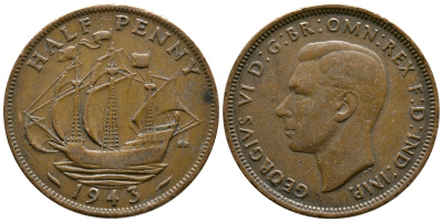 Великобритания 1/2 пенни 1943 Георг VI (1936-1952) KM 844, Spink 4115 бронза 73-1112