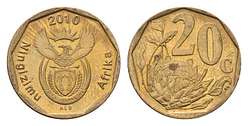 ЮАР 20 центов 2010 герб, цветок протея KM 495 сталь плакированная бронзой UNC 4687-644