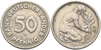 ФРГ 50 пфеннигов 1949 F KM 104, J. 379 медно-никель 4132-1156
