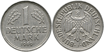 ФРГ 1 МАРКА 1969 J KM 110, J. 385 медно-никель 65-1216