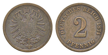 Германия 2 пфеннига 1874 A, Вильгельм I (1871-1888) KM 2, J. 2 бронза 4632-243
