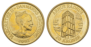 Дания 20 крон 2002 Башня Ратуши, Орхус KM 889 алюминиевая бронза UNC 4657-1236