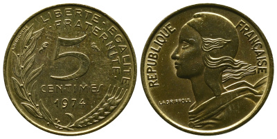 ФРАНЦИЯ 5 САНТИМОВ 1974 ТИП MARIANNE KM 933, LE FRANC 125.10 алюминиевая бронза 4381-621