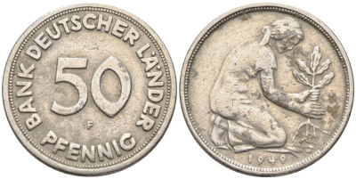 ФРГ 50 пфеннигов 1949 F KM 104, J. 379 медно-никель 4132-1156