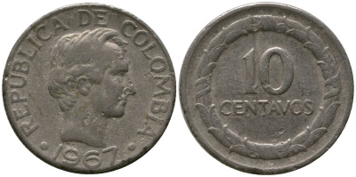 Колумбия 10 сентаво 1967 KM 226 сталь плакированная никелем 4576-1048