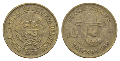 Перу 10 солей 1978 Тупак Амару II KM 272 латунь 4663-425