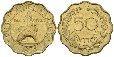 Парагвай 50 сентимо 1953 лев, фригийский колпак на шесте KM 28 алюминиевая бронза  aUNC  4176-1123