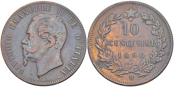 ИТАЛИЯ 10 ЧЕНТЕЗИМО 1866 H, МОНДВОР БИРМИНГЕМ, ВИКТОР ЭММАНУИЛ II (1861-1878) KM 11.3 медь 4526-814