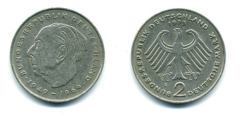 ФРГ 2 марки 1973 F, Теодор Хойс, 20 лет Федеративной Республике (1949-1969) KM A127, J. 407 медно-никель плакированный никелем плакированный никелем 46-1855